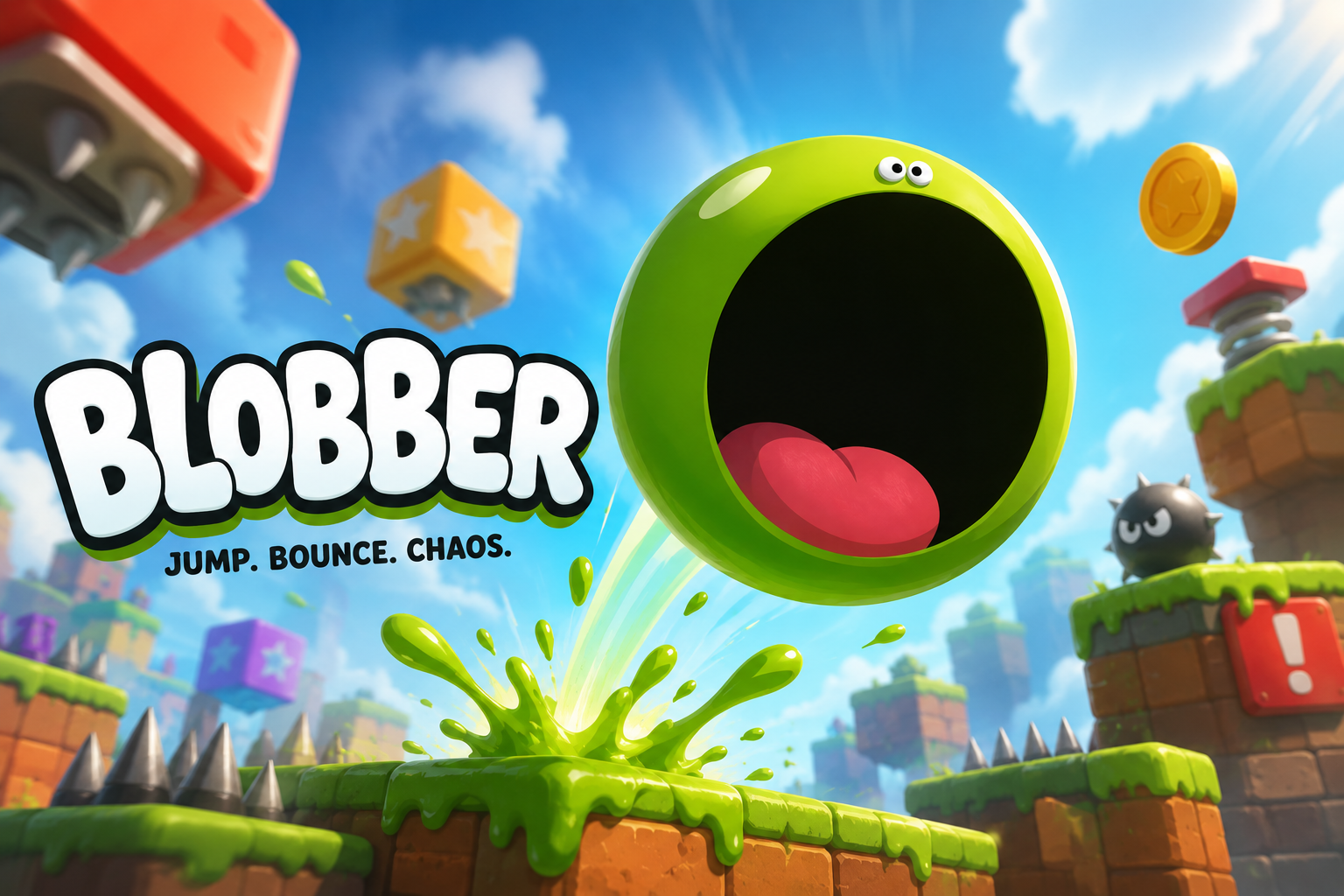 Blobber bouncing through a colorful platform level