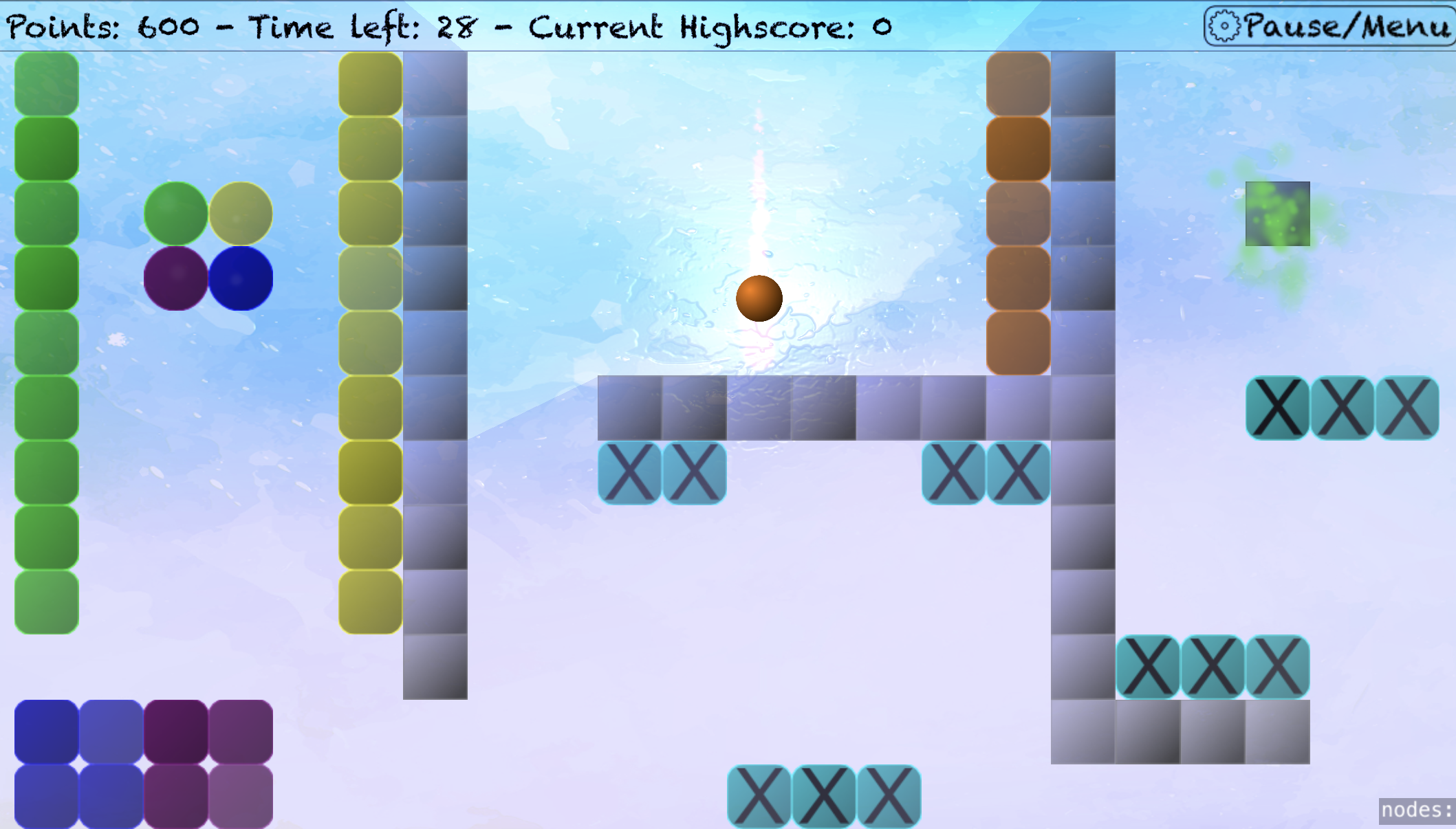 A Blobber level with colored blocks, hazards, timers, and a bouncing ball